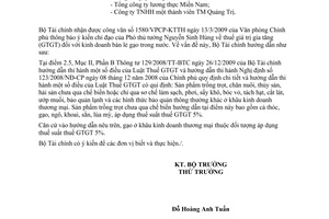 Công văn 6425/BTC-CST không thu thuế giá trị gia tăng đối với hoạt động kinh doanh gạo trong nước