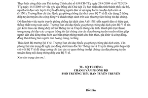 Công văn 2953/BYT-VPB1 phối hợp chỉ đạo tuyên truyền phòng chống đại dịch cúm A H1N1