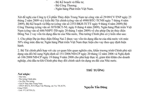 Công văn 794/TTg-KTTHxử lý vốn tín dụng đầu tư của Nhà nước cho Dự án thủy điện Đồng Nai 2