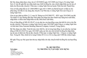 Công văn 38/BXD-VLXD xác nhận thiết bị đồng bộ, máy chính Dự án dây chuyền 2 Nhà máy xi măng Nghi Sơn