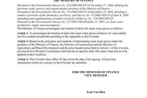 Circular No. 100/2009/TT-BTC of May 20, 2009, promulgating the bracket of daily-life clean water prices.