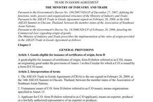 Circular No. 12/2009/TT-BCT of May 22, 2009, on implementation of the rules of origin provided in The ASEAN Trade in Goods Agreement