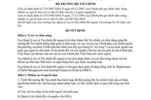 Quyết định 1168/QĐ-BTC chức năng, nhiệm vụ, quyền hạn cơ cấu tổ chức Cục Quản lý nợ tài chính đối ngoại