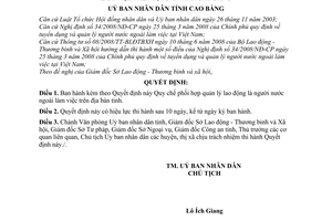 Quyết định 1044/2009/QĐ-UBND Quy chế phối hợp quản lý lao động  người nước ngoài làm việc trên địa bàn tỉnh Cao Bằng