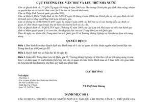 Quyết định 116/QĐ-VTLTNN danh mục số 1 cơ quan, tổ chức nguồn nộp lưu tài liệu vào Trung tâm lưu trữ quốc gia III