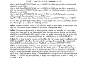 Thông tư 106/2009/TT-BTC mức chế độ thu, nộp, quản lý sử dụng phí sử dụng đường bộ trạm thu phí Nam hầm Hải Vân oà Phước, quốc lộ 1A thành phố Đà Nẵng