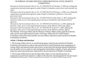 Joint circular No. 02/2009/TTLT-BNG-BNV of May 27, 2009, guiding the functions, tasks, powers and organizational structure of Foreign Affairs Services under Provincial-Level People's Committees.