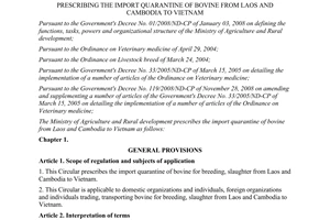 Circular No. 27/2009/TT-BNN prescribing the import quarantine of bovine from Lao