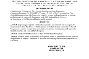Resolution No. 22/NQ-CP of May 28, 2009, promulgating the Government's action program for materialization of the Resolution of the 9th plenum of the Party Central Committee of the Xth congress on a number of major tasks and Solutions to continue implementing with success the Resolutions of the Xth National Party Congress.