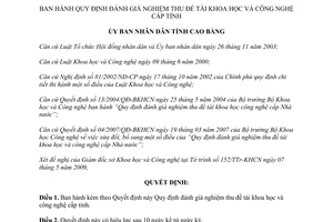 Quyết định 1088/QĐ-UBND 2009 Quy định đánh giá nghiệm thu đề tài khoa học và công nghệ Cao Bằng