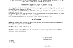 Quyết định 911/QĐ-BKHCN Quy chế cung cấp thông tin Trang tin điện tử Bộ Khoa học Công nghệ trên mạng Internet