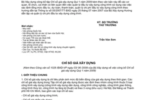 Công văn 1028/BXD-VP công bố chỉ số giá xây dựng Quí 1 năm 2009