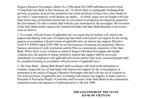 Official Dispatch No. 4925/NHNN-CSTT of June 30, 2009, re Inspecting, dealing with cases of lending with interest rate support