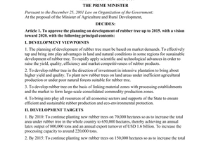 Decision No. 750/QD-TTg of June 3, 2009, approving the planning on development of rubber tree up to 2015, with a vision toward 2020.
