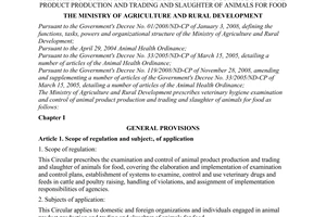 Circular No. 30/2009/TT-BNNPTNN of June 4, 2009, prescribing veterinary hygiene examination and control of animal product production and trading and slaughter of animals for food