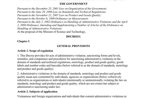 Decree No. 54/2009/ND-CP of June 5, 2009, providing for the sanctioning of administrative violations in the domain of standards, metrology and product and goods quality.