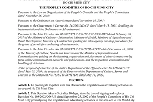 Decision No. 39/2009/QD-UBND advertising activities in the area of Ho Chi Minh city