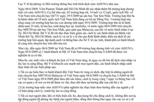 Thông báo 942/TB-DPMT tình hình dịch cúm A H1N1