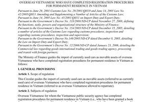 Circular No. 118/2009/TT-BTC of June 9, 2009 guiding the import of currently used cars as movable assets of overseas Vietnamese who have completed registration procedures for permanent residence in Vietnam
