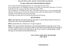 Quyết định 1085/2009/QĐ-UBND  cho phép sử dụng Thẻ đi lại doanh nhân APEC thành phố Hải Phòng