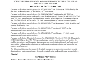 Circular No. 10/2009/TT-BXD of June 15, 2009, guiding the management of investment projects to build dormitories for students and houses for industrial park workers and low-income earners
