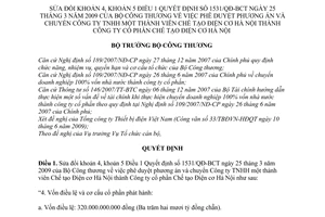 Quyết định 3012/QĐ-BCT sửa đổi khoản 4 khoản 5 Điều 1 1531/QĐ-BCT phê duyệt phương án chuyển Công ty TNHH 1 TV Chế tạo Điện cơ Hà Nội thành CTCP