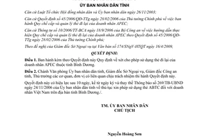Quyết định  42/2009/QĐ-UBND xét cho phép sử dụng thẻ doanh nhân APEC Bình Dương