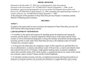 Decision No. 86/2009/QD-TTg of June 17, 2009, approving the master plan on socio-economic development of Thua Thien-Hue province till 2020.