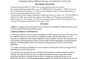 Decision No. 87/2009/QD-TTg of June 17, 2009, approving the master plan on socio-economic development of Dak Lak province up to 2020.