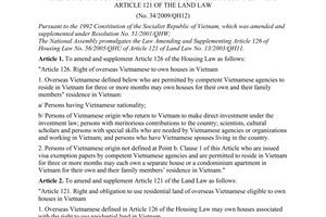 Law No. 34/2009/QH12 of June 18, 2009, amending and supplementing Article 126 of the housing Law and Article 121 of the land Law