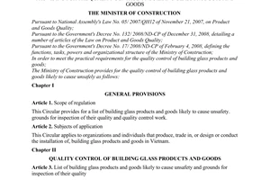 Circular No. 11/2009/TT-BXD of June 18, 2009, providing for the quality control of building glass products and goods