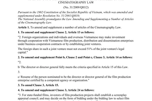 Law No. 31/2009/QH12 of June 18, 2009, amending and supplementing a number of articles of the Cinematography Law