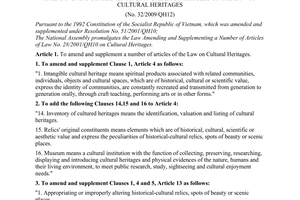 Law No. 32/2009/QH12 of June 18, 2009, amending and supplementing a number of articles of the Law on cultural heritages