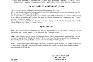 Quyết định 3012/QĐ-UBND Quy chế công nhận danh hiệu Gia đình văn hóa Làng văn hóa Tổ dân phố văn hóa Đơn vị văn hóa Khu dân cư văn hóa TP.Hà Nội