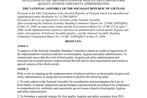 Resolution No. 34/2009/NQ-QH12 of June 19, 2009, on stepping up the implementation of policies and Laws on food quality, hygiene and safety administration