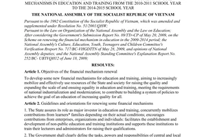 Resolution No. 35/2009/QH12 of June 19, 2009, on guidelines and orientations for renewing some financial mechanisms in education and training from the 2010-2011 school year to the 2014-2015 school year