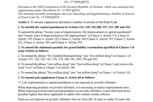 Law No. 37/2009/QH12 of June 19, 2009, amending and supplementing a number of articles of the penal code