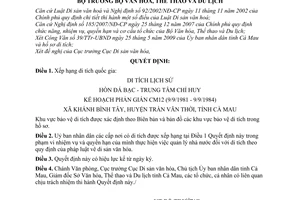 Quyết định 2245/QĐ-BVHTTDL xếp hạng di tích quốc gia Hòn Đá Bạc - Trung tâm chỉ huy Kế hoạch phản gián CM12 9/9/1981-9/9/1984 Bình Tây Trần Văn Trỗi