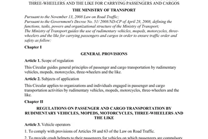 Circular No. 08/2009/TT-BGTVT of June 23, 2009, guiding the use of rudimentary vehicles, mopeds, motorcycles, three-wheelers and the like for carrying passengers and cargos