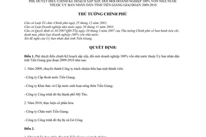 Quyết định 883/QĐ-TTg phê duyệt điều chỉnh sắp xếp đổi mới doanh nghiệp 100% vốn nhà nước thuộc Ủy ban nhân dân tỉnh Tiền Giang giai đoạn 2009-2010