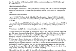 Thông báo 1059/TB-DPMT tình hình dịch cúm A H1N1