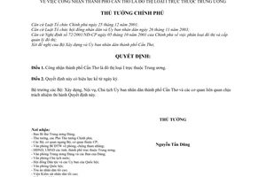 Quyết định 889/QĐ-TTg công nhận thành phố Cần Thơ đô thị loại 1 trực thuộc Trung ương