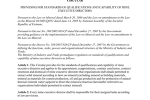 Circular No. 15/2009/TT-BCT standards of qualifications and capability of mine executive directors