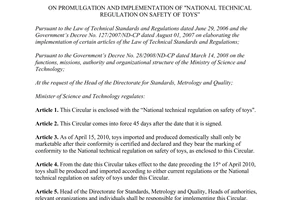 Circular 18/2009/TT-BKHCN implementation of national technical regulation on safety of toys