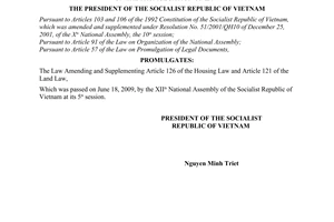 Order No. 10/2009/L-CTN of June 29, 2009, on the promulgation of Law Amending and Supplementing Article 126 of the Housing Law and Article 121 of the Land Law