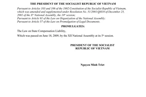 Order No. 11/2009/L-CTN of June 29, 2009, on the promulgation of Law on State Compensation Liability.