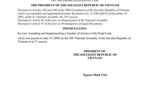 Order No. 13/2009/L-CTN of June 29, 2009, on the promulgation the Law Amending and Supplementing a Number of Articles of the Penal Code