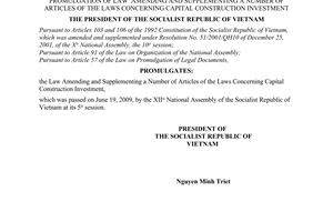 Order No. 15/2009/L-CTN of June 29, 2009, on the promulgation of Law  Amending and Supplementing a Number of Articles of the Laws Concerning Capital Construction Investment