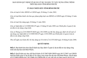 Quyết định 26/2009/QĐ-UBND Quy định quản lý dự án đầu tư xây dựng công trình