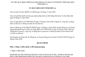 Quyết định 30/2009/QĐ-UBND thời gian mở đóng cửa đại lý Internet Sơn La